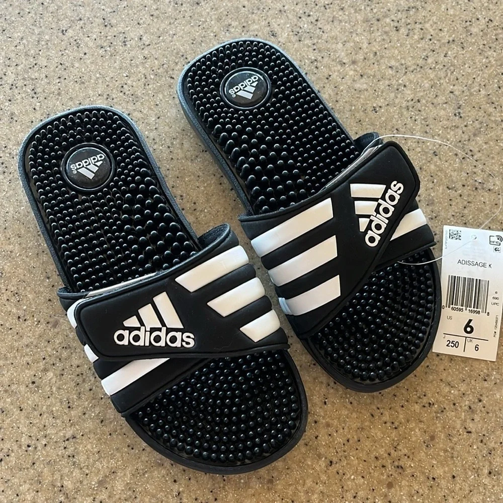 Brand New Adidas 3-Stripe Black & White Adjustable Strap Sport Slides Sandals